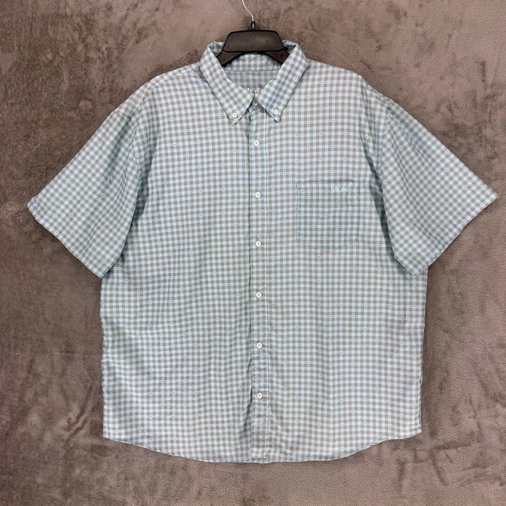 Huk Mens XXL Gingham Micro Fish Print Short Sleeve Fishing Shirt Blue H1500116